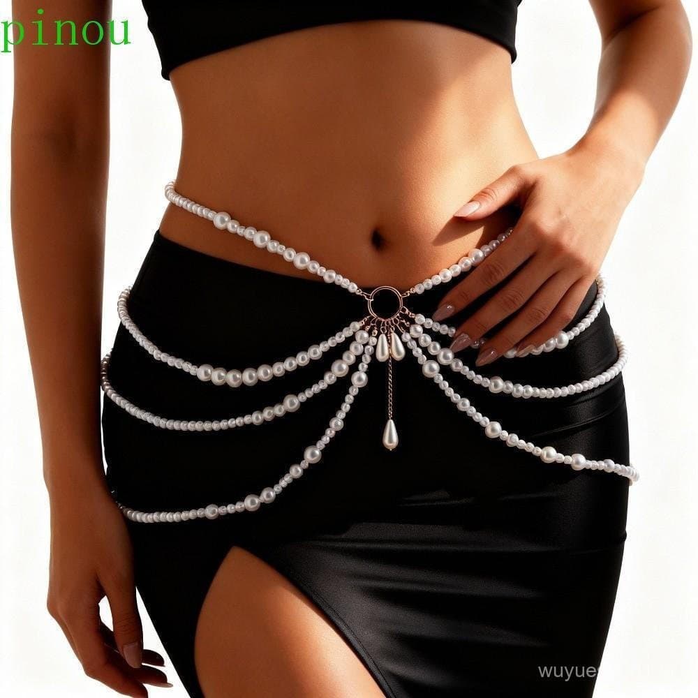 Corrente De Cintura De Pérola PINOU , Corporal Multicamadas Para Decoração De Vestido Com Contas De Joias Douradas Y2K