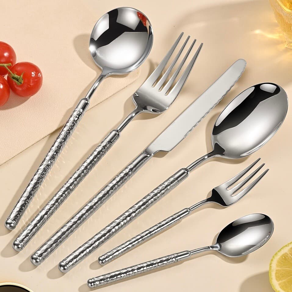 Espelho martelado 304 utensílios de mesa de aço inoxidável restaurante comida ocidental bife talheres colher prata ouro