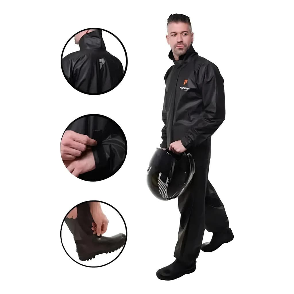 Conjunto Capa Chuva Moto Motoqueiro Pioneiro Impermeável Pvc Preto