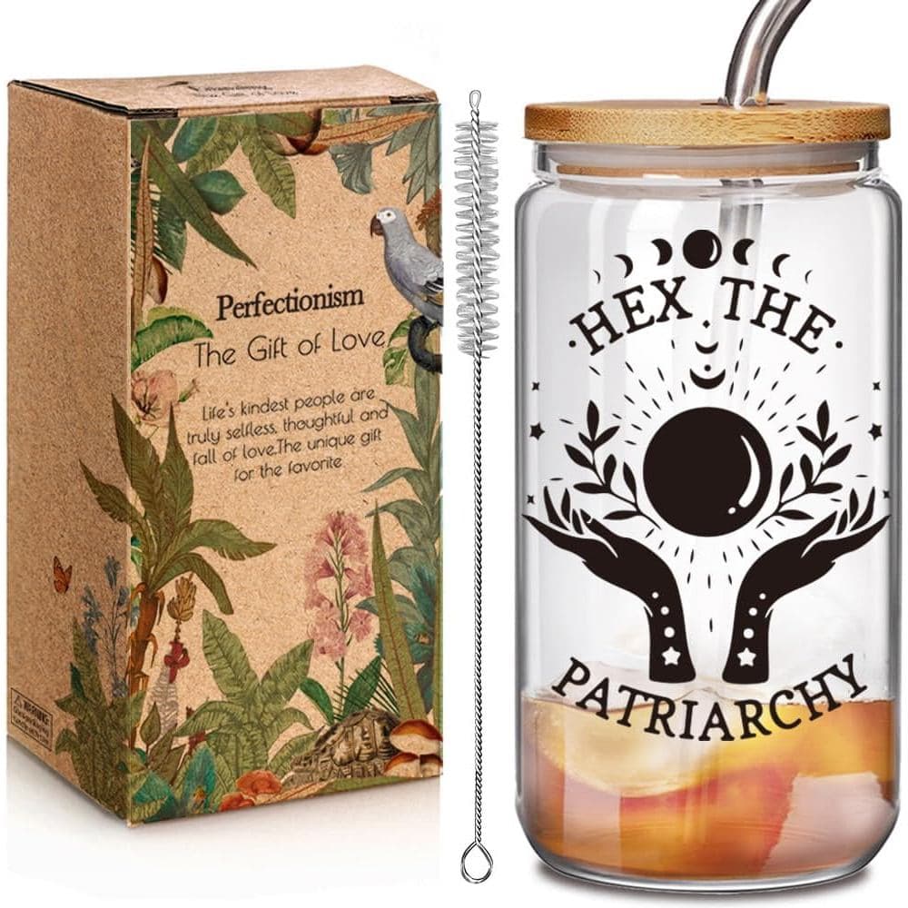 Copo de Vidro Hex the Patriarchy de 16 oz com Tampas e Canudos, Presentes Feministas e de Bruxaria para Amiga, Melhor Am