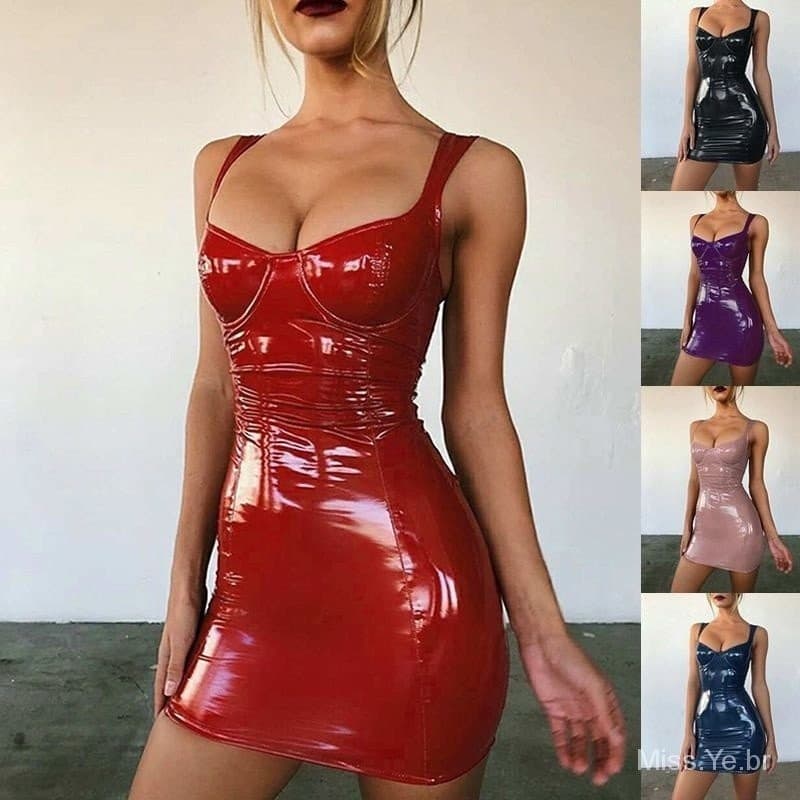 Mini Vestido de Látex das Mulheres/Couro Sintético/Bodycon Para Clube/Coquetel/Vestido P-6Xg