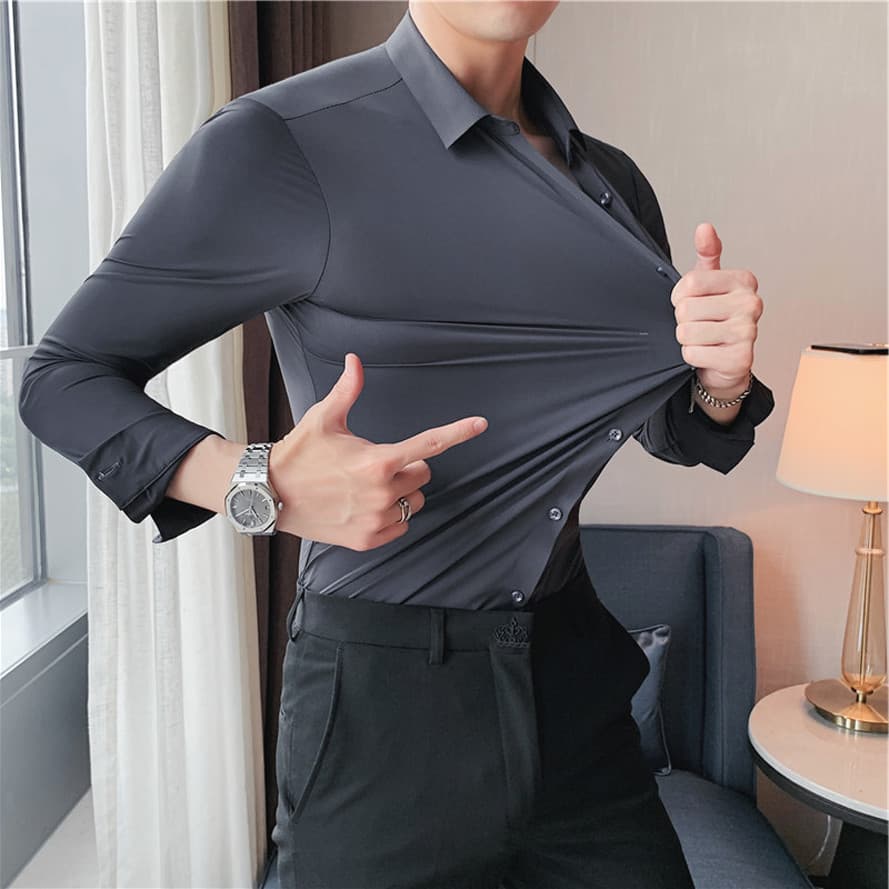 High-End estiramento camisa masculina luz estilo maduro legal fino gelo seda de manga comprida Drape Chiffon camisa de n