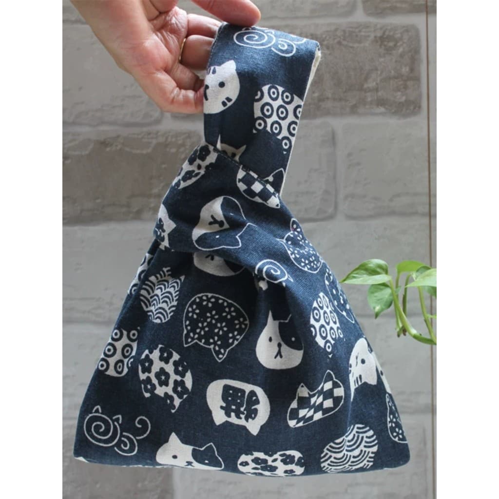 Original estilo japonês sorte gato atado bolsa de pulso Retro algodão linho saco portátil feminino com forro