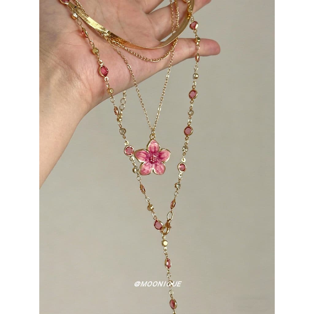 Vintage vintage rosa cristal flor pingente colar doce legal estilo menina quente único Multi-camadas em camadas clavícul
