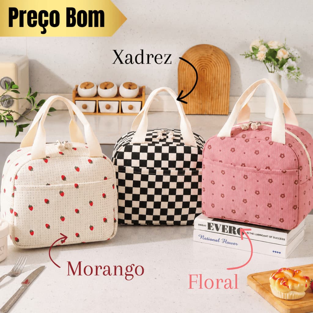 Bolsa Térmica Lancheira Portátil Grande Capacidade com Isolamento Térmico Com Estampa de Flor Morango Xadrez BS-03