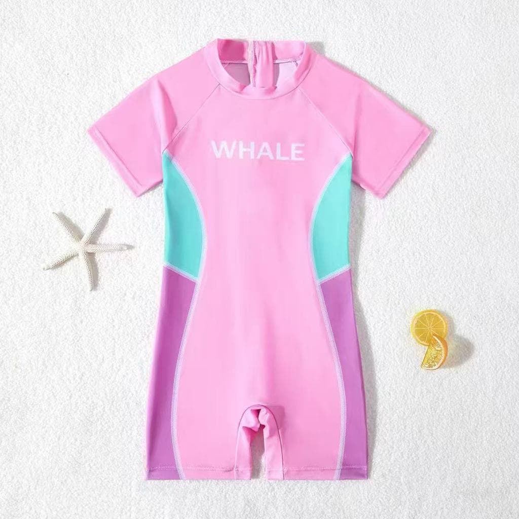 Novo estilo de maiô infantil médio grande costura cor maiô infantil de manga curta protetor solar de secagem rápida prai