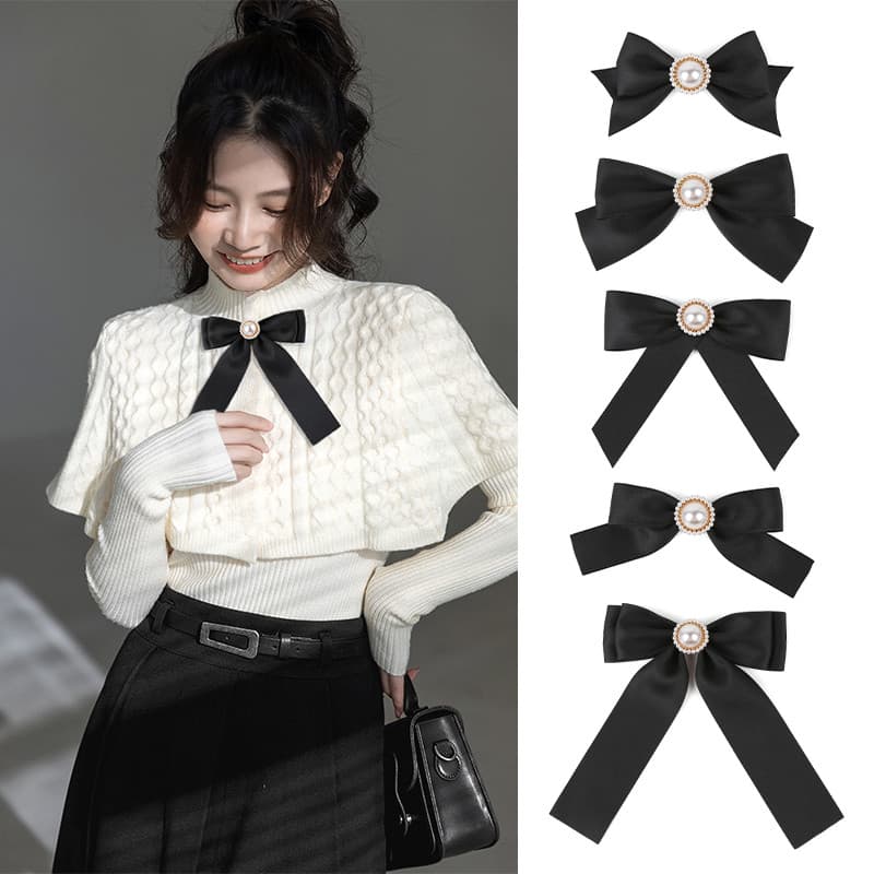 Preto pequeno laço versão coreana feminino broche pino estilo Preppy bonito camisa roupas pérola acessórios arco