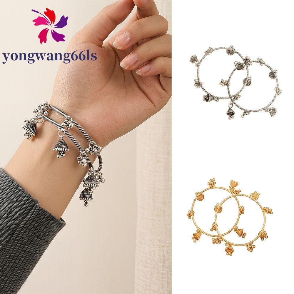 YONGWANG 2 Peças De Pulseira Com Pingente De Sino , Pulseiras Estilo Boêmio De Liga Vintage , Elegante Ornamento Multi-Q