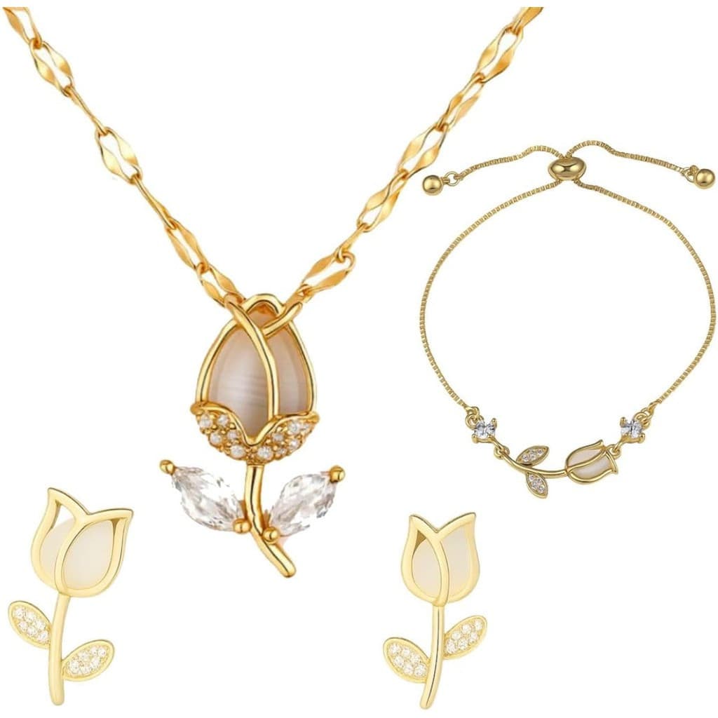 Joias Tulips para Mulheres: Colar com Detalhe, Pulseira e Brincos Banhados a Ouro - Joias Elegantes e Versáteis