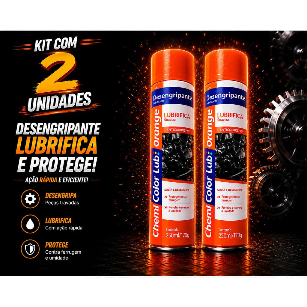 2 Unidades Desengripante Antiferrugem Lubrificante Uso Geral ChemiColor Spray Orange 400ml 250g oleo, multi uso