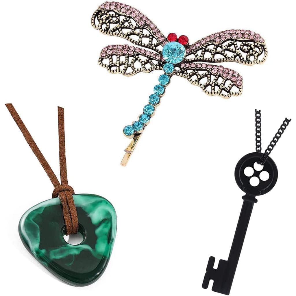 Colar com Pingente de Chave Coraline da Mullike, Colar com Pedra do Visão, Presilhas de Cabelo de Libélula, Acessórios d