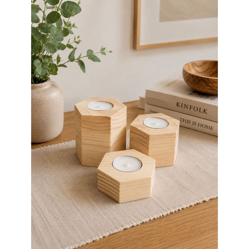 Trio de Velas Hexa em Madeira Pinus