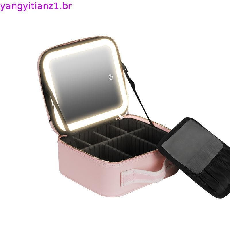 Bolsa de Maquiagem com Espelho LED Estojo Organizador de Pincéis, Make e Acessórios de Viagem POP YO