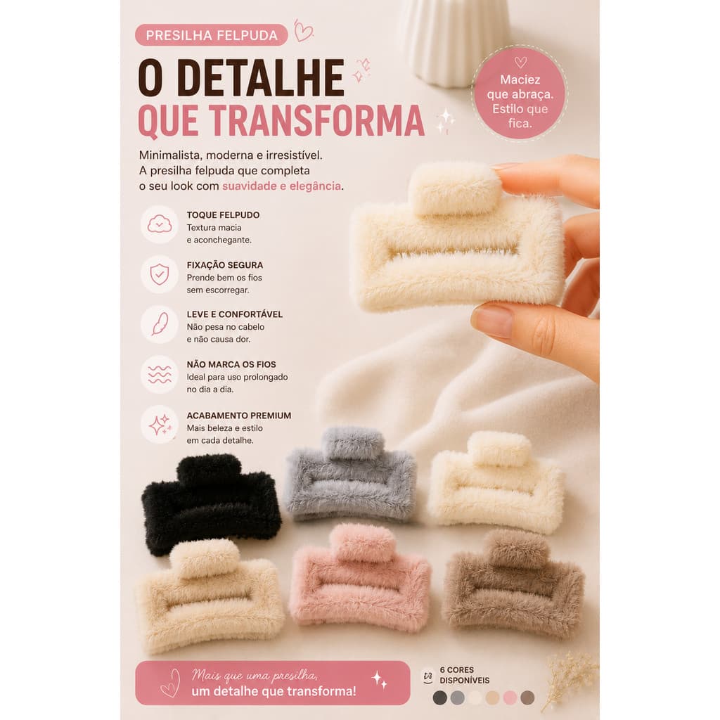 Kit Presilha Peluche Para Trás Da Cabeça Felpuda Quadrada