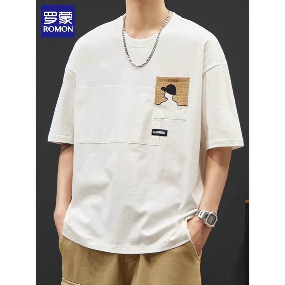 Lomon camiseta de manga curta masculina verão novo estilo americano Street Wear puro algodão em torno do pescoço Casual