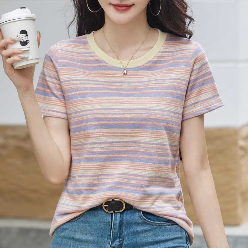 Slub algodão arco-íris listrado manga curta camiseta feminina verão leve respirável tamanho grande solto meia manga