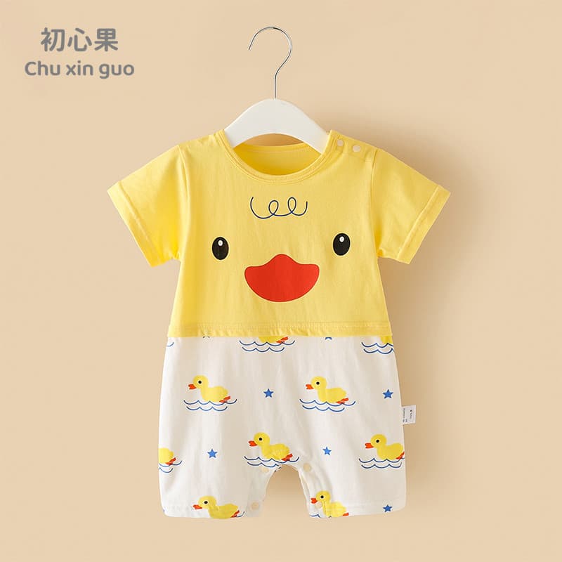 Pequeno pato amarelo roupas de bebê bonito Super bonito três meses bebê verão macacão de manga curta respirável algodão