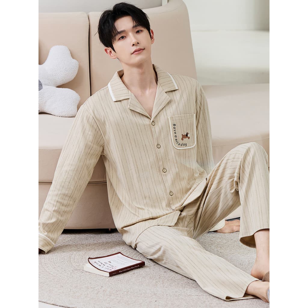 Pijamas masculinos de manga comprida puro algodão primavera outono meninos algodão exterior Wear coreano solto fino Loun
