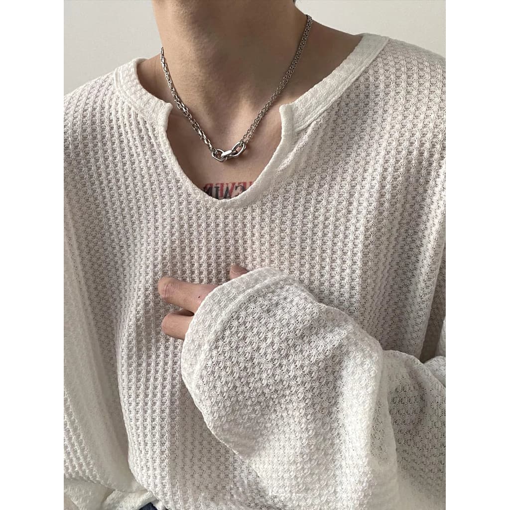 Nicho Design sentir colisão colarinho pulôver de manga comprida camiseta ins masculino feminino na moda solto Waffle top