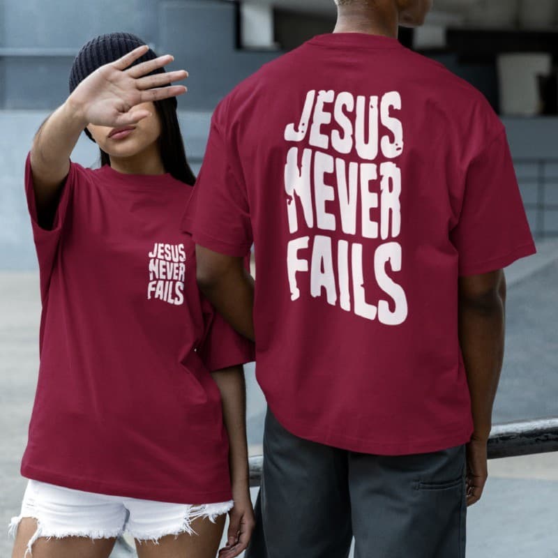 Camiseta Cristã Jesus Nunca Falha Oversized Gospel Tshirt Blusa Camisetas 100% algodão fio 30.1 penteado Elove