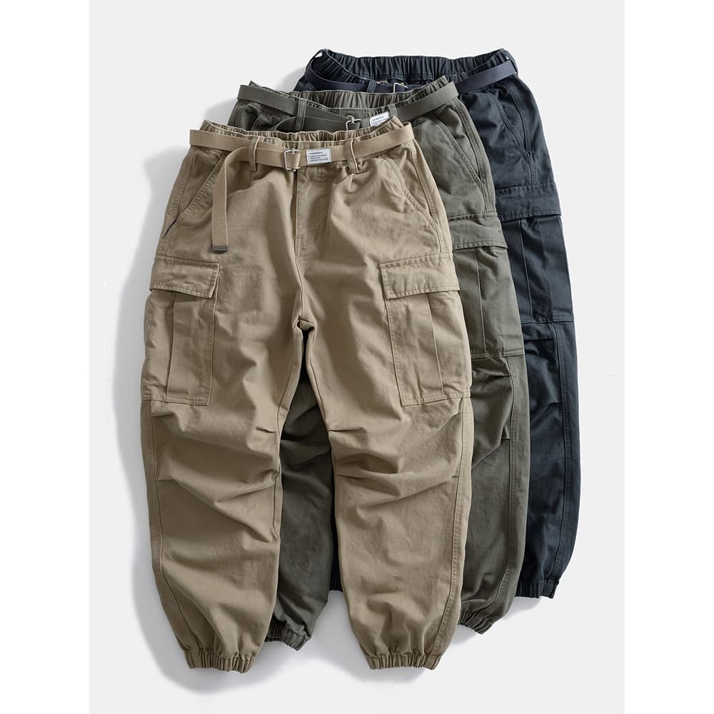 Macacão masculino de algodão puro pesado solto com perna larga e perna larga, calça papai com vários bolsos, calça Casua
