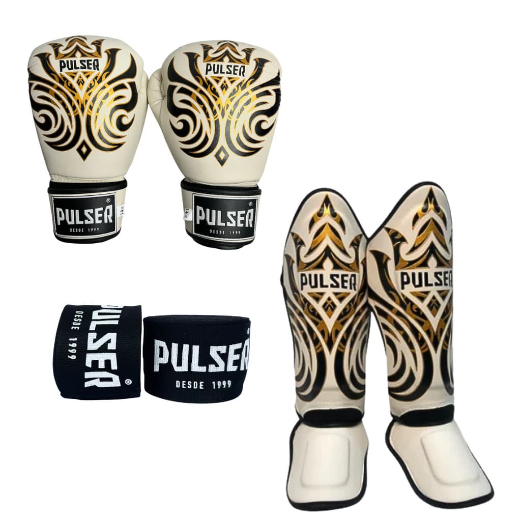 Kit Luva 14oz Caneleira Pamy Creme M  Bandagem 5M Boxe e Muay Thai Pulser
