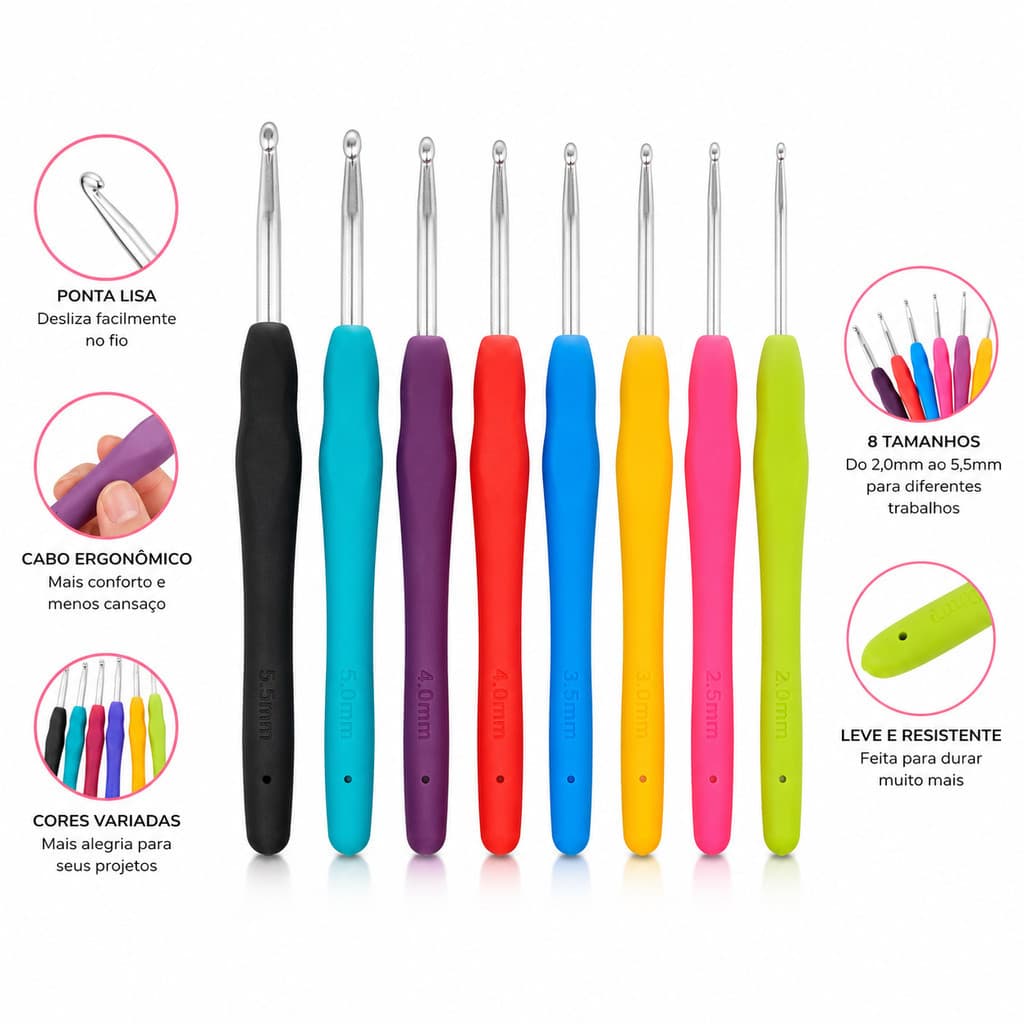 Kit Agulhas de Crochê Ergonômicas Coloridas 2mm a 5,5mm Cabo Emborrachado 8 peças para Artesanato