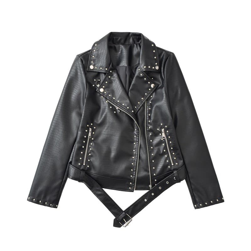 Mulheres Streetwear Motociclista Jaqueta Primavera Outono Rebite Casaco De Couro Falso Feminino Manga Longa Preto Do Plu