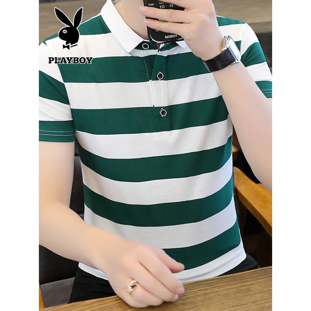 Playboy verão fino algodão manga curta camiseta masculina lapela na moda camisa polo listrado solto meia manga topo