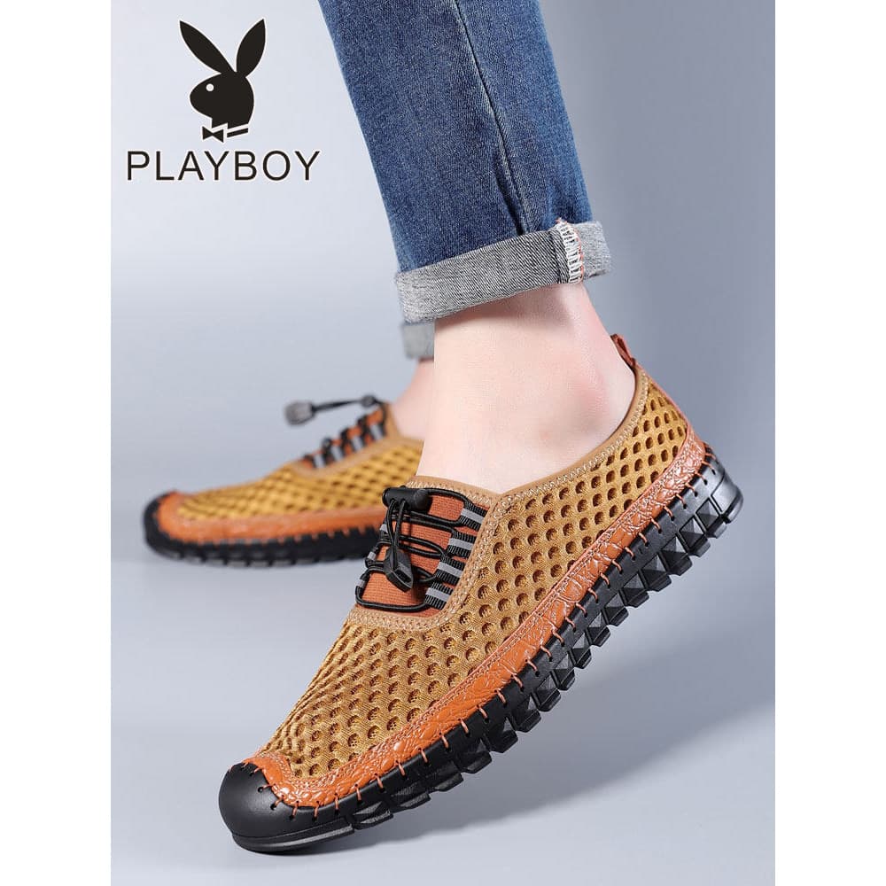 Playboy verão sapatos masculinos de couro genuíno oco voando tecido estilo fino respirável sapatos casuais desodorante m