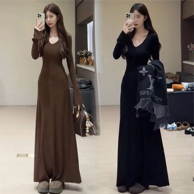 High-End sentimento preto vestido de manga comprida feminino inverno novo estilo irmã real estilo magro ajuste estreito