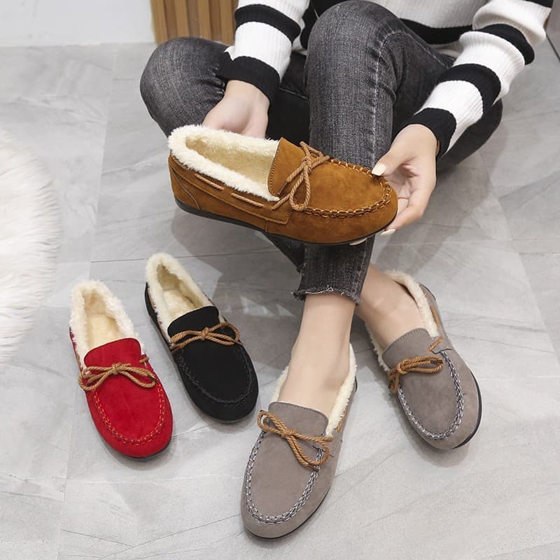Ervilhas sapatos únicos 2024 inverno novo estilo versão coreana feminino velo plana sapatos casuais pessoas preguiçosas
