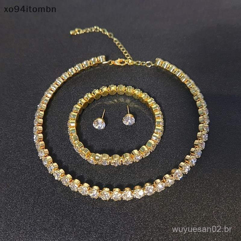 itens 4 Pçs/Set Mulheres Conjunto De Jóias De Cristal Para Charme Nelace Pulseira Brinco Branco Zircão Corrente ite