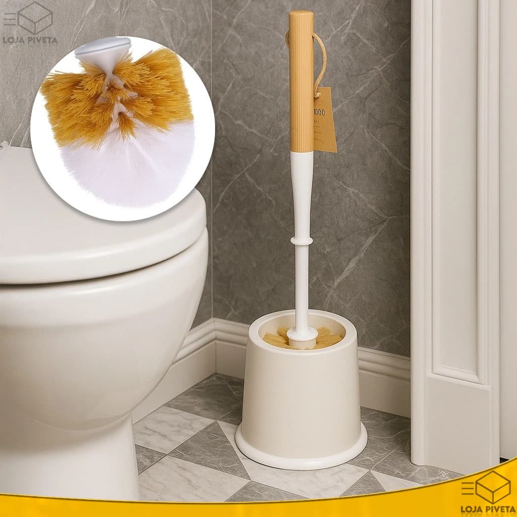 Escova de Vaso Sanitário Com Cabo de Bambu 42x12cm Limpeza com Suporte e Base Privada Banheiro