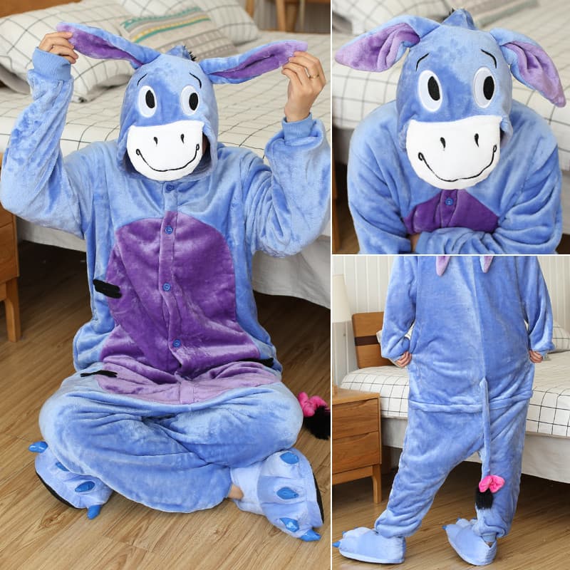 Mulheres Adultas Burro Dos Desenhos Animados Animal Macacão Pijamas , Flanela Quente Macia Com Capuz De Uma Peça , Casua