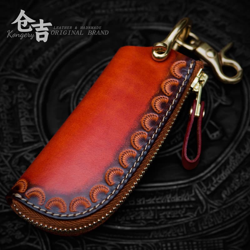Faca Horizontal!Estojo para chave com escultura em couro!Kuji feito à mão masculino feminino retrô couro com zíper bolsa