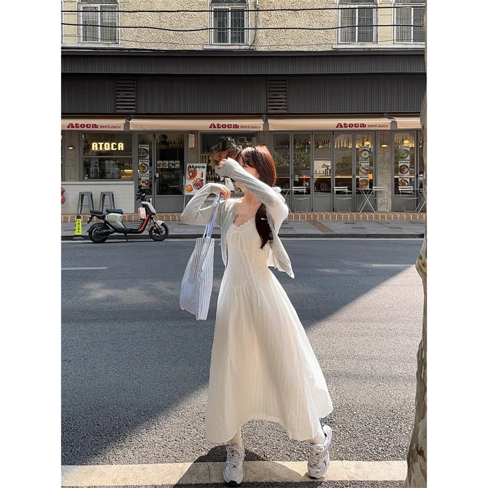 Francês arco renda guarnição branco estilingue vestido feminino primavera idade-reduzindo cintura estreita mais magro ol