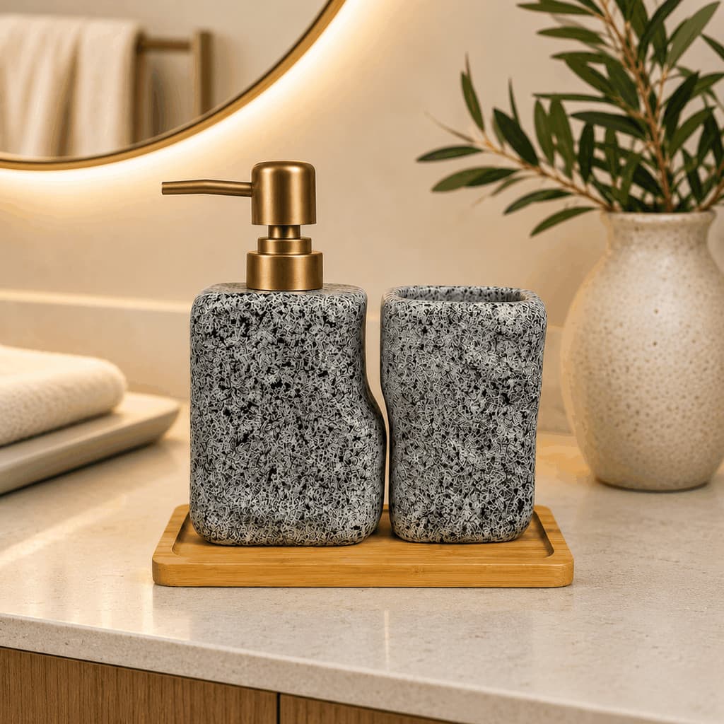 Kit Lavabo Cerâmica Banheiro 3 Peças Sabonete Bandeja Bambu