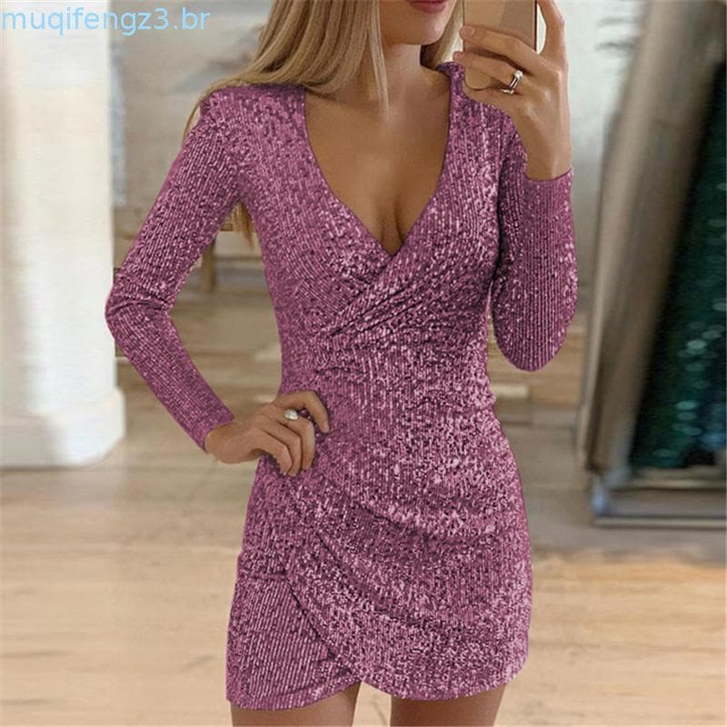 MS Vestido Curto Feminino De Lantejoulas Brilhante Com Decote Em V Amplo E Manga Comprida/Elegante Para Festas/Formatur