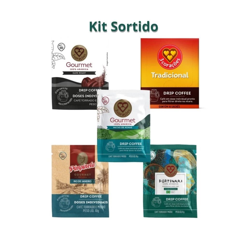 Café Dripp Coffee sachê Kit 20/10/5un Três Corações(Portinari, Dark, Exótico, Florada, MMinas,Tradicional)