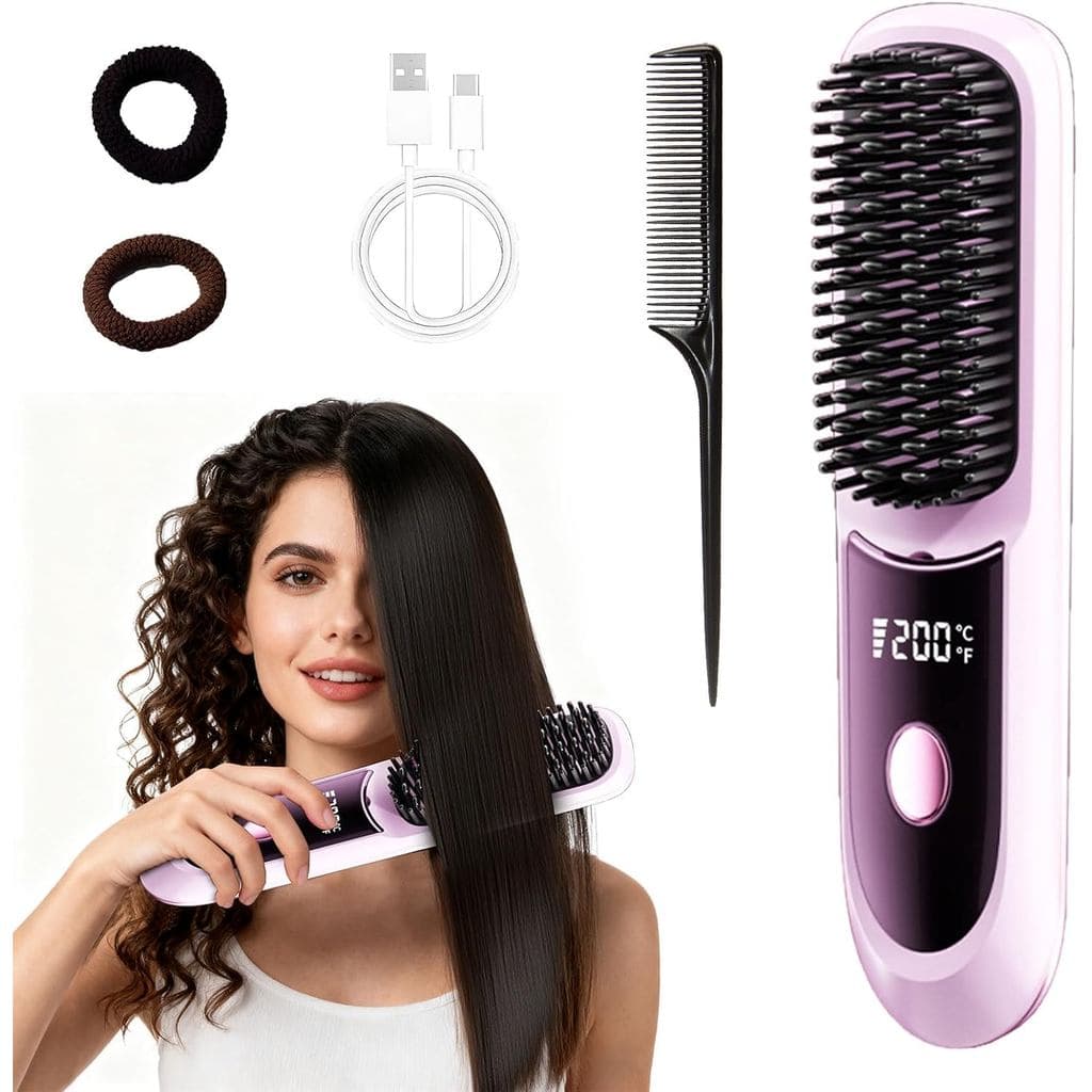 Escova Alisadora de Cabelo Sem Fio Pro para Cabelos Curtos, 3 Níveis de Temperatura com Display LED, Aquecimento Rápido,