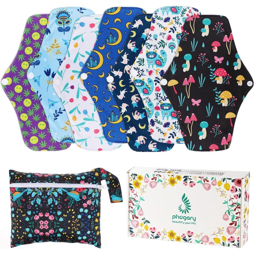 PHOGARY Reusable Menstrual Pads, Bamboo Cloth Pads for Heavy Flow with Wet Bag, Large Sanitary Pad Set with Wings for Wo