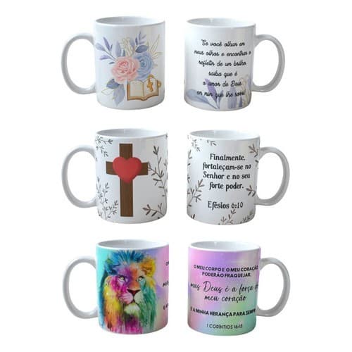 Kit Caneca Gospel Religiosa Deus, Presente 3 Unidades Frases  Bíblica