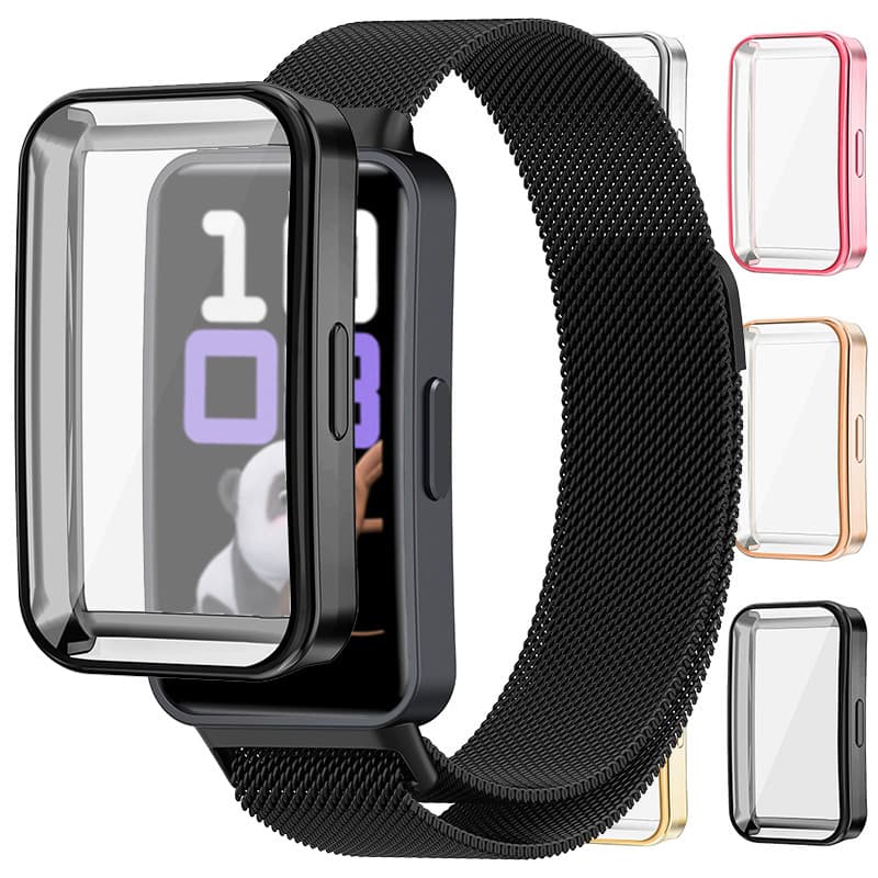 Pulseira De Metal Aço Milanese + Capinha Capa TPU Para Relógio Huawei Band 10 9 8 NFC Strap Case Capinha Bumper