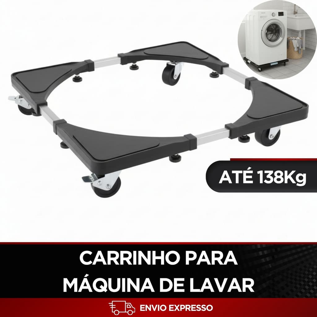 Carrinho Suporte Ajustável 138 kg p/ Geladeira Fogão Máquina Lavar c/ Rodinhas Freio Alumínio