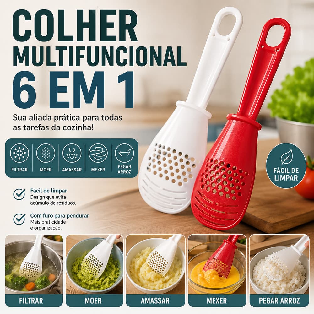 Colher Multiuso 6 em 1 All In One com Moagem Amassador e Escumadeira ideal para preparo rápido de refeições caseiras