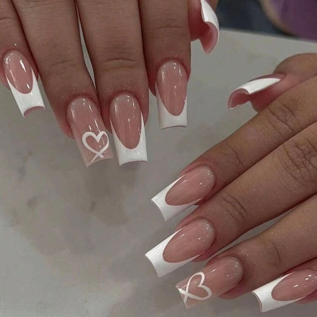 Unhas postiças francesas brancas, design em formato de coração médio, adesivo brilhante, conjunto de unhas acrílicas fem