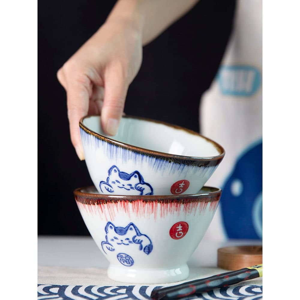 Estilo japonês quatro estações Underglaze cor talheres caixa de presente cerâmica sobremesa tigela gato sorte 5-Polegada