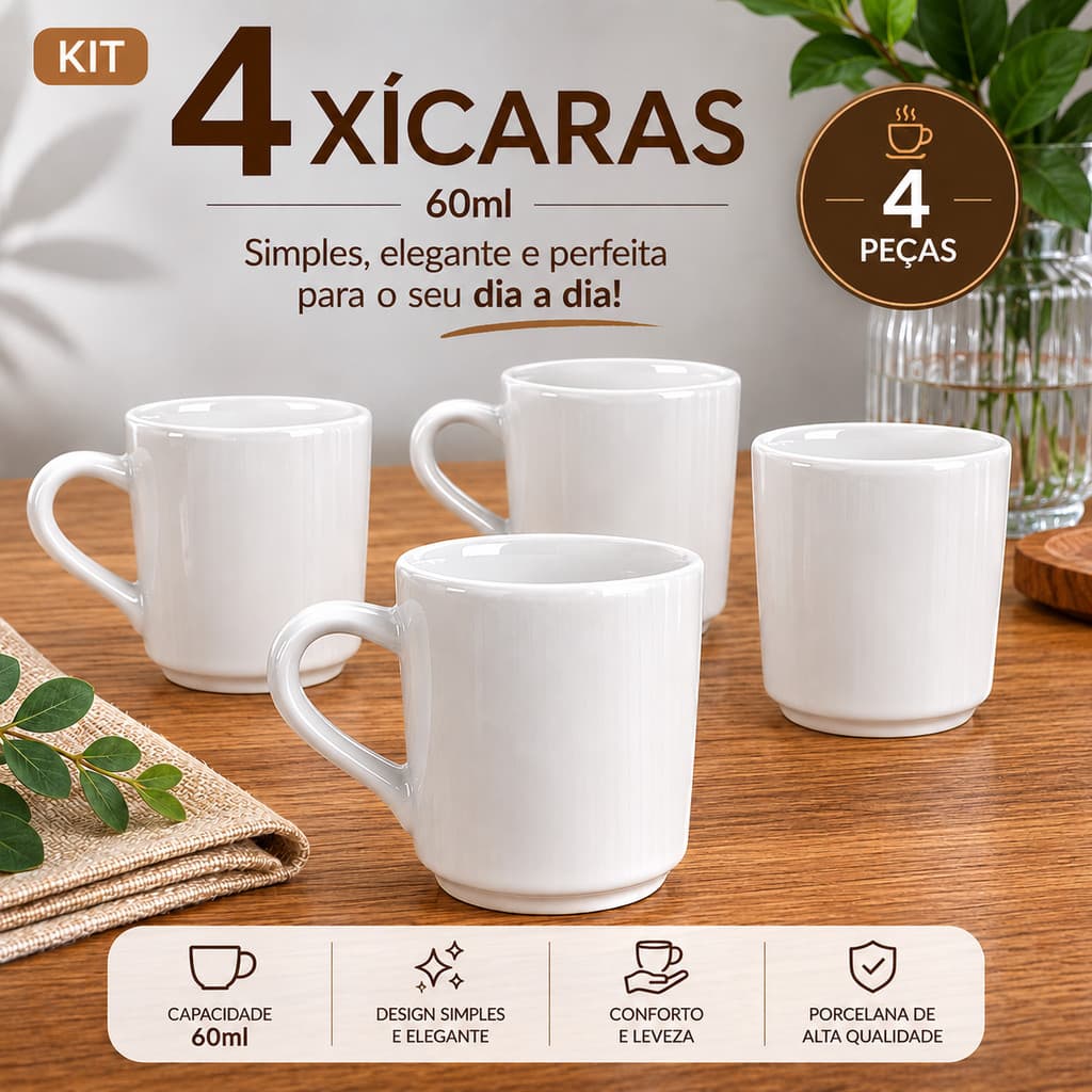 Jogo Xicaras Porcelana Lisa Cafezinho Branca Kit Caneca Café Chá 4 Unidades Design Elegante