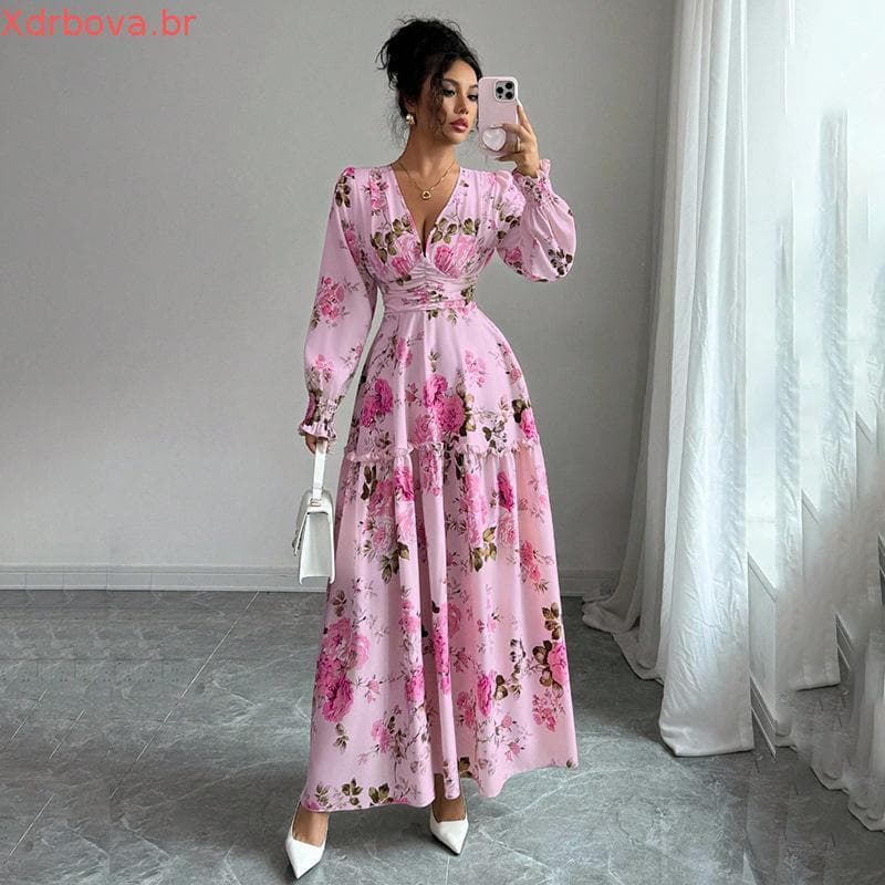 2026 Vestido Longo Feminino Elegante Verão Floral Estampado Com Decote Em V Cintura Fina De Mangas Compridas